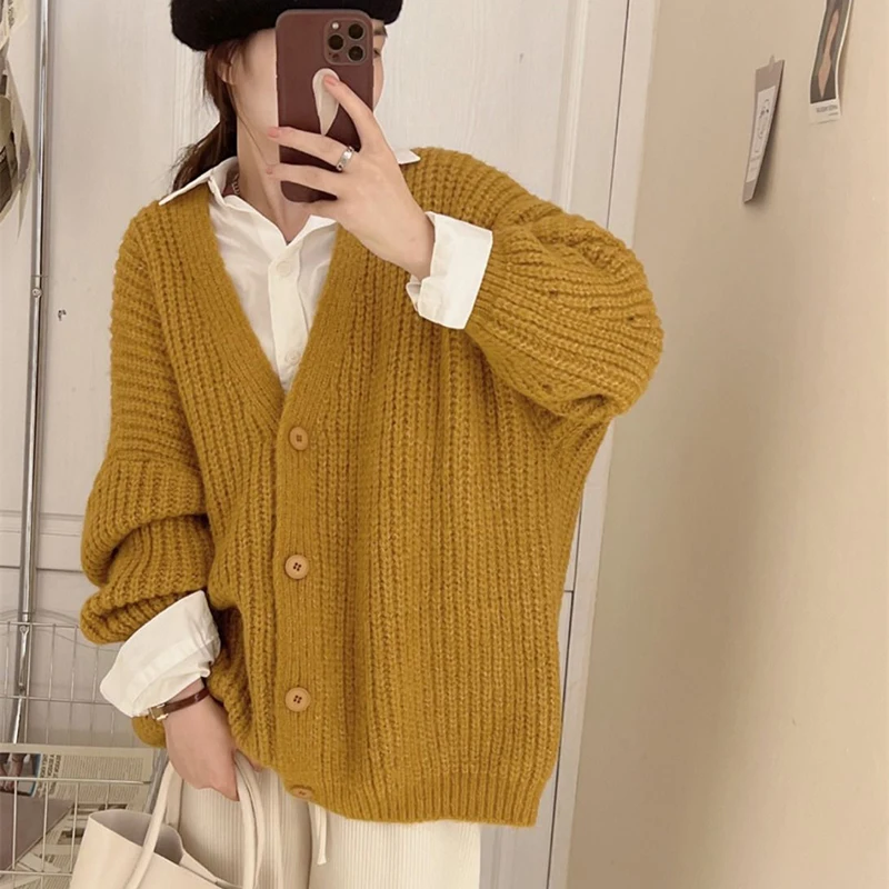 Rimocy V Neck Women's Oversize Cardigan Korean Fashion Long Sleeve Sweater Jacket Women Solid Single Breasted Chic Cardigans