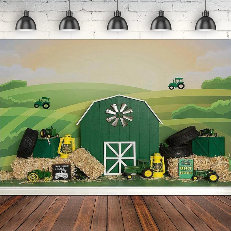 

Photography Backdrop Tractor Happy Birthday Party Boy Girl Green Farm Portrait Background Photo Banner For Cake Table Poster