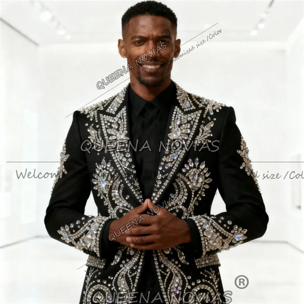 

Brilliant Beaded Stones Groom Tuxedos Suit Slim Fit Peaked Label Blazers Customized Man Banquet Attire Outfits costumes homme