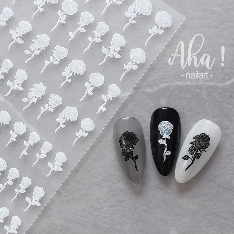 Black White Rose Flower Bride Wedding Nail Sticker Design Half-clear French Line Ribbon Self-adhesive Nail Art Decorations