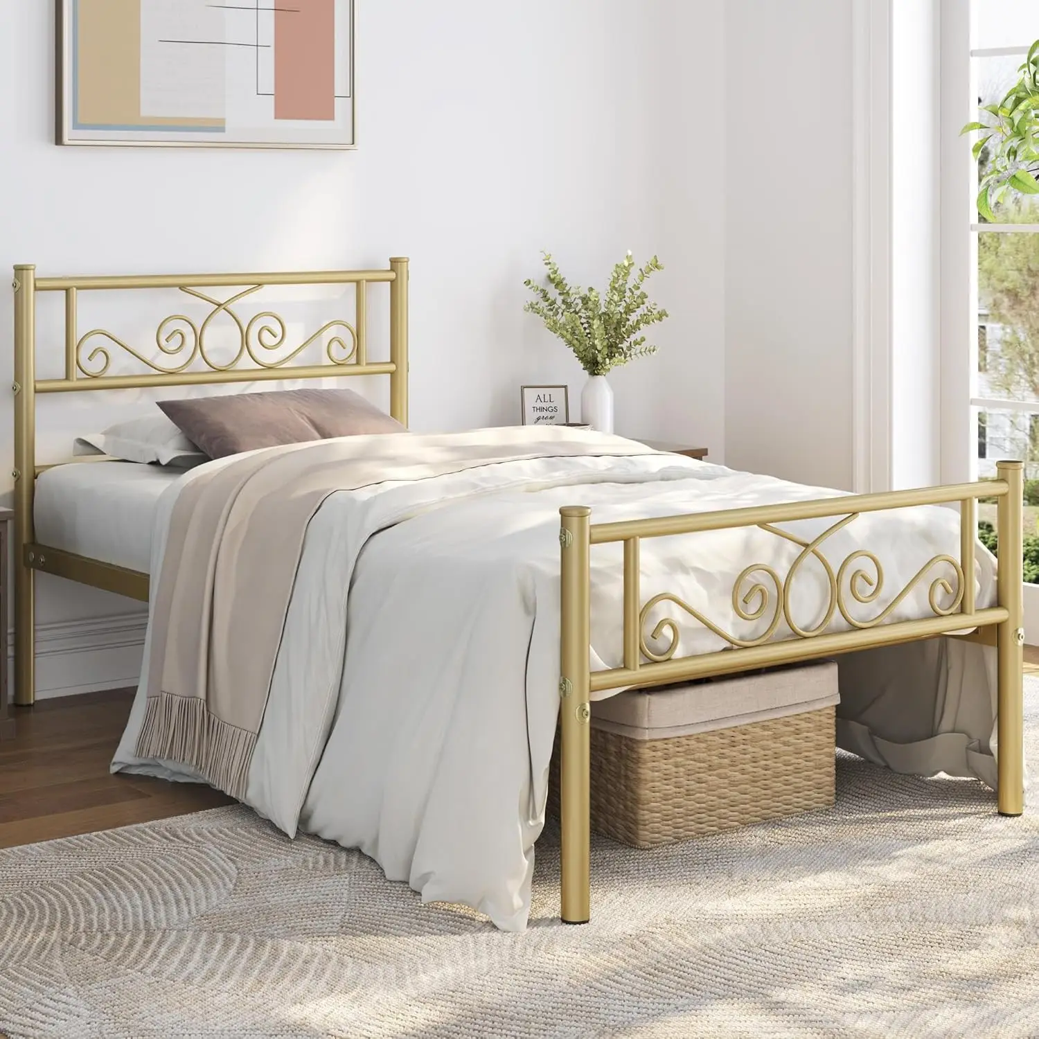 

Scroll Design Iron Mattress Foundation Metal Platform Bed with Headboard for Bedrooms Guestrooms Dormitories Antique Gold