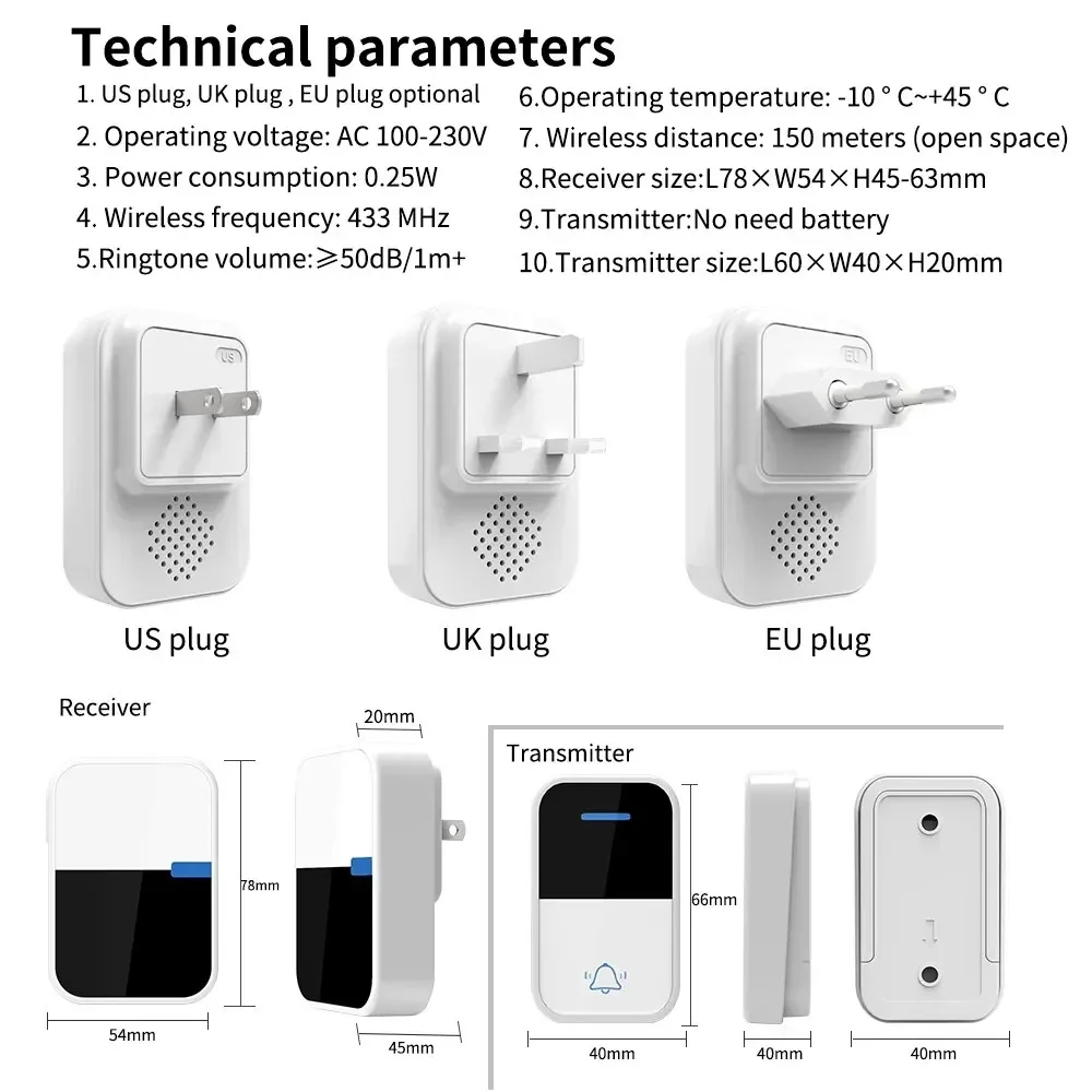 Wireless Outdoor Self-Powered Doorbell House No Battery Required Waterproof Door bell Sets Home Kinetic Ring Chime Doorbell