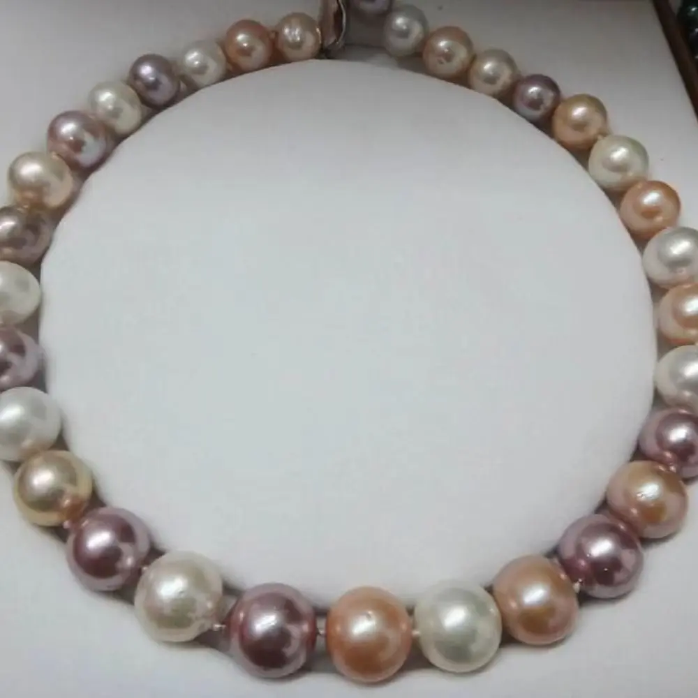 HUGE 18'' PEARL NECKLACE 12-15MM SOUTH SEA GENUINE WHITE GOLD PINK PURPLE ROUND 925S