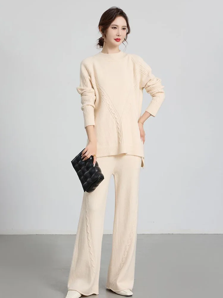 

O-Neck Baggy Knitted Sweater Conjuntos Fashion Women's Casual Soft 2 Piece Set High Waist Wide Leg Straight Pants Ensembles