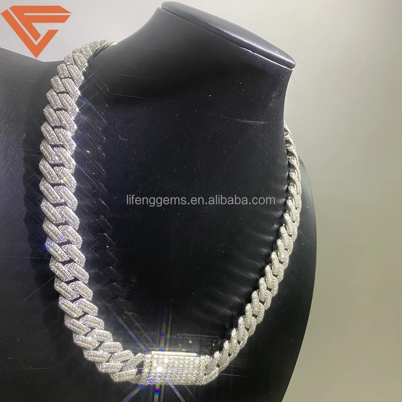 Lifeng jewelry bust down baguette cut VVS Moissanite Cuban link chain necklace 15mm Sterling silver hiphop diamond Cuban chain