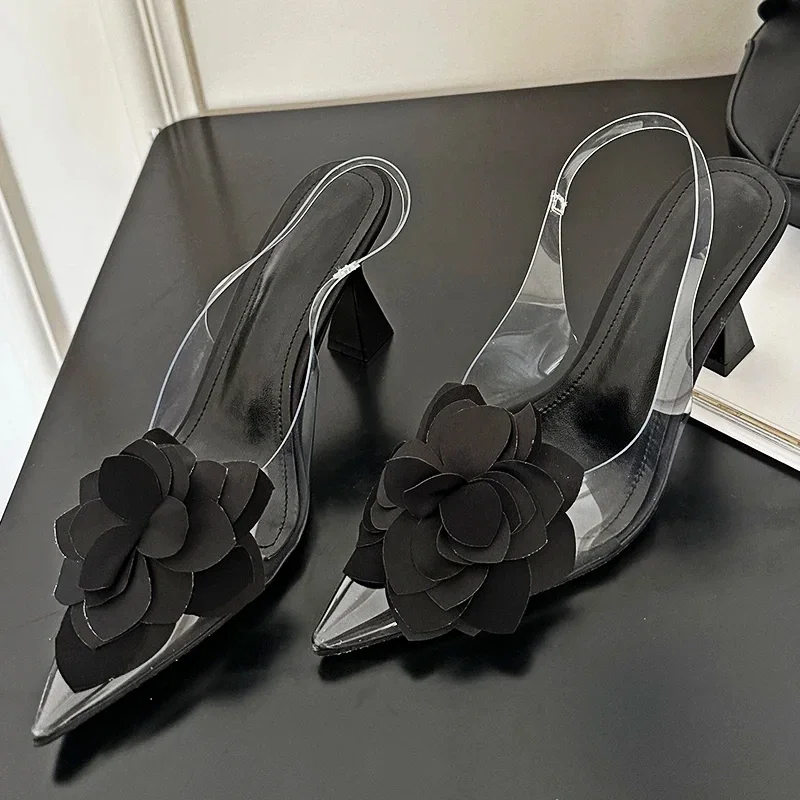 

2024 Black Pointy Toe Design Flowers Transparent Pvc Slingback High Heeled Sandals Women High Heels Party Dress Mule Shoe Pumps