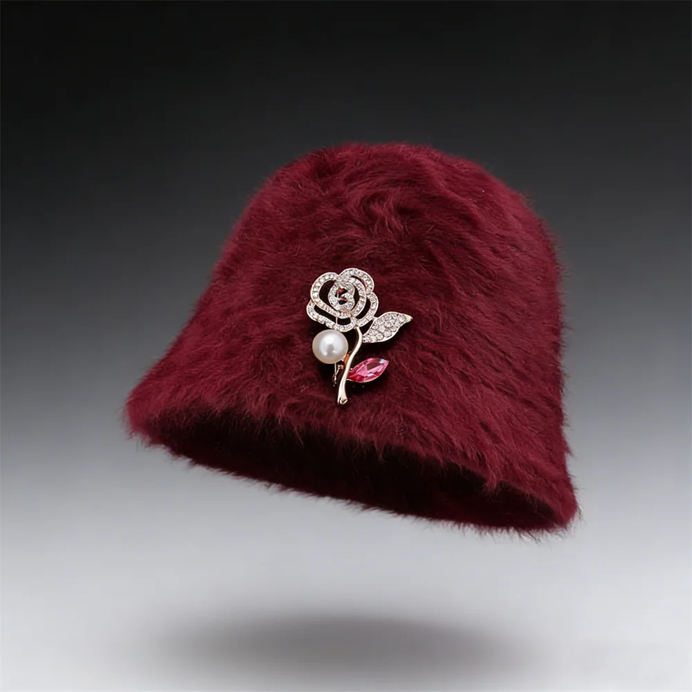 

Luxury Wine Red Furry Rabbit Fur Hat Fluffy Fur Bucket Hat for Girls Sparkling Crystal & Pearl Decorated Winter Headwear