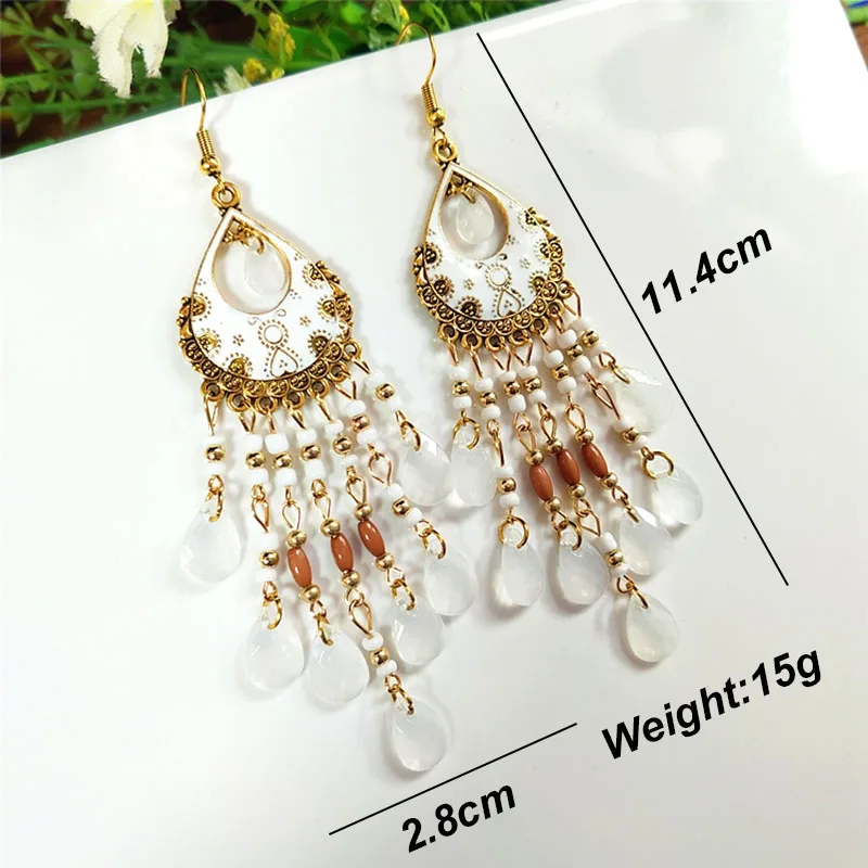 Böhmische lange Acryl-Wassertropfen-Quasten-Ohrringe für Frauen, ethnische mehrfarbige Perlen, Tropfenöl, handgefertigte baumelnde Ohrringe, Boho-Schmuck – Detail 5
