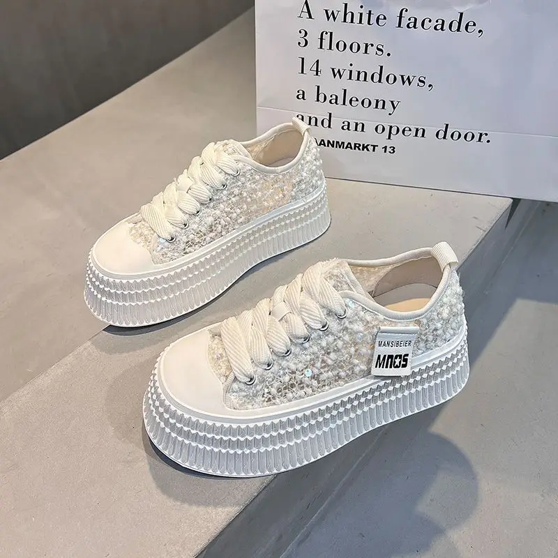 

Clearing Air Mesh White Shoes Shiny Sequined Women Casual Thick-Soled Flats Shoes Female Casual Sneaker Sports Canvas Shoes
