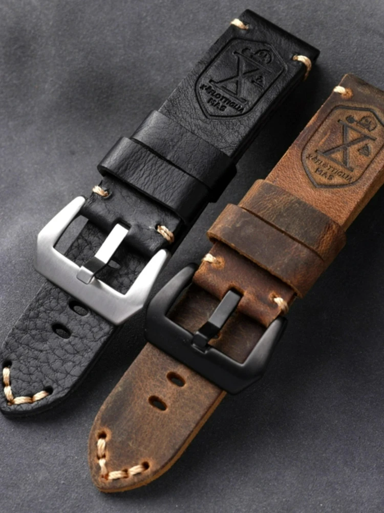 Handmade Top Layer Cowhide Watchband 20 22 24 26mm Black Brown Male Leather Thickening Strap for Panerai Series Retro Style