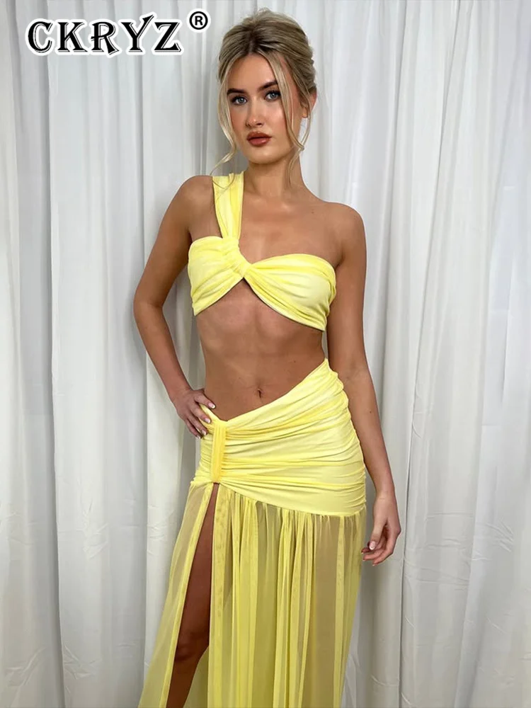 Conjunto de dos piezas de falda Sexy de verano para mujer, Top corto de un hombro y falda Maxi, conjunto elegante de 2 piezas para fiesta en la playa y Club