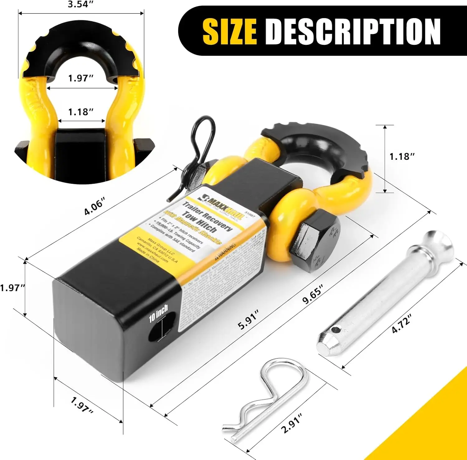51007 15,000 lb Hitch Recovery Shackle with 3/4' D-Ring for 2' Receiver
