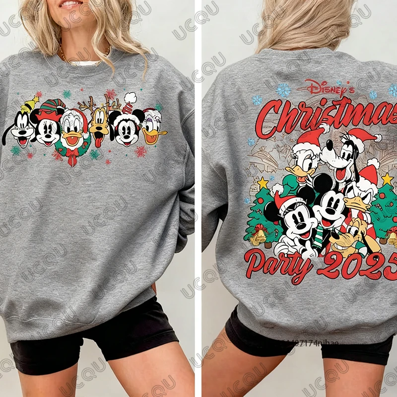 2025 عيد الميلاد ديزني الأسرة ميكي ماوس طباعة القطن المرأة هوديس الخريف الشتاء عادية كم طويل البلوز الأزواج القمم