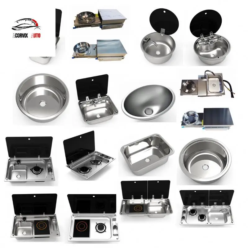 RV Kitchen Sink,Stainless Steel Sink & Gas Stove Combo with Tempered Glass Lid Built-in Kitchen Unit for RV Wash Basin