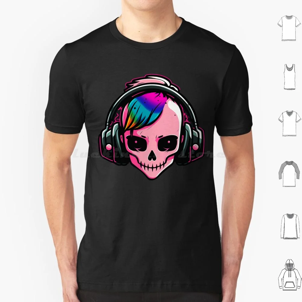 Bad Gamer Grl Skull T Shirt Big Size 100% Cotton Streamer Gamer Gamer Girl Cool Alt Girl Rainbow Hair Skull Skeleton