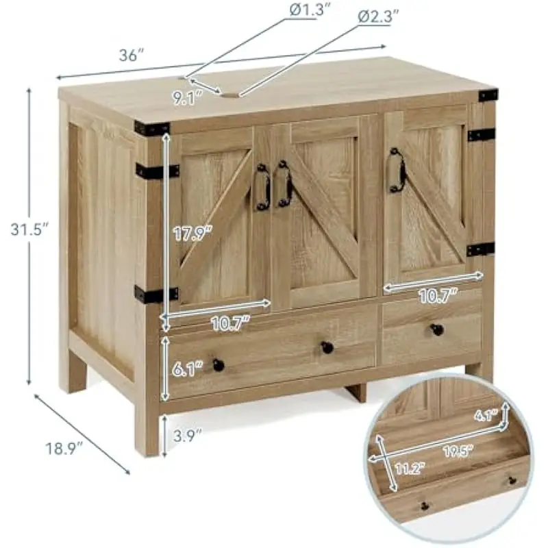 36 Inch Rustic Bathroom Vanity with White Ceramic Basin Engineered Wood Construction Side Cabinets Drawers Magnetic Closure Natu