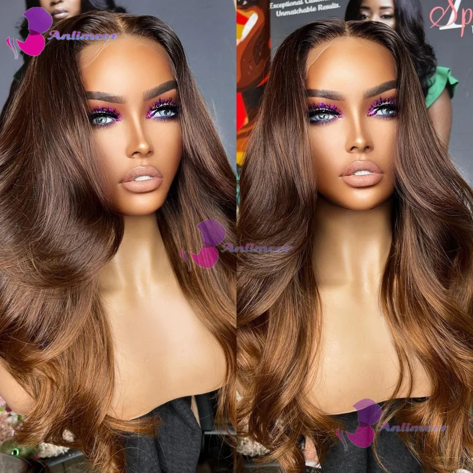 200% Density Body Wave Ombre #4/6 Brown Colored 13x6 HD Transparent Lace Front Glueless Human Hair Wig Preplucked Ready To Wear