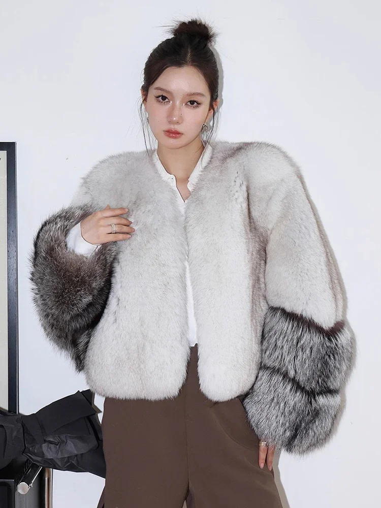 

Luxury Genuine Leather Silver Fox Fur Jacket for Women 2024 New Contrast Color Design Simple Short Elegant Winter Real Fur Coat