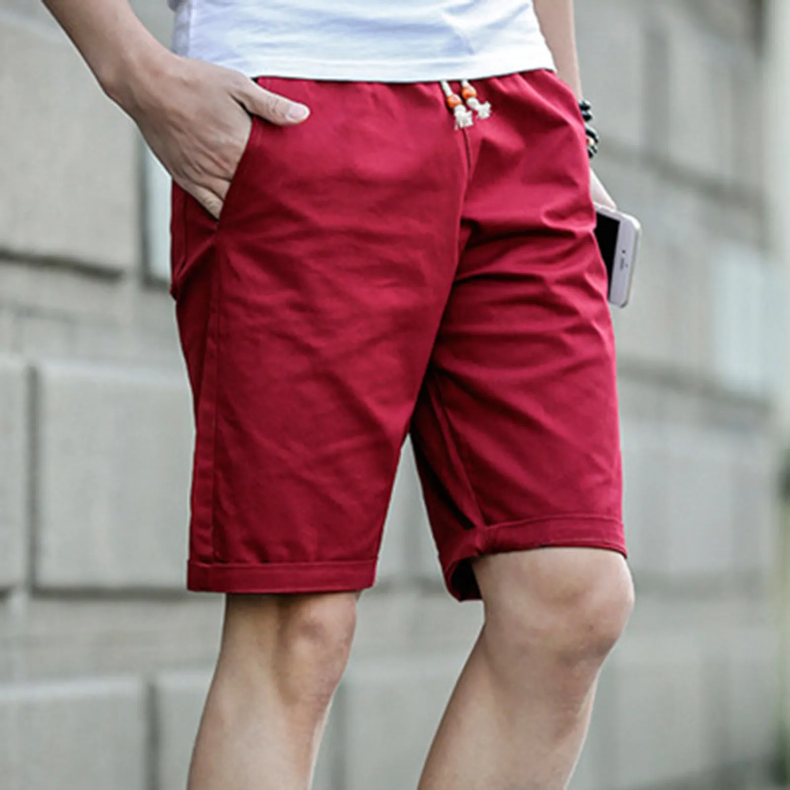 Casual Breeches Knee Shorts For Men Youth Stylish Drawstring Double Pocket Trunks Solid Color Jogging Shorts Pantalones Cortos