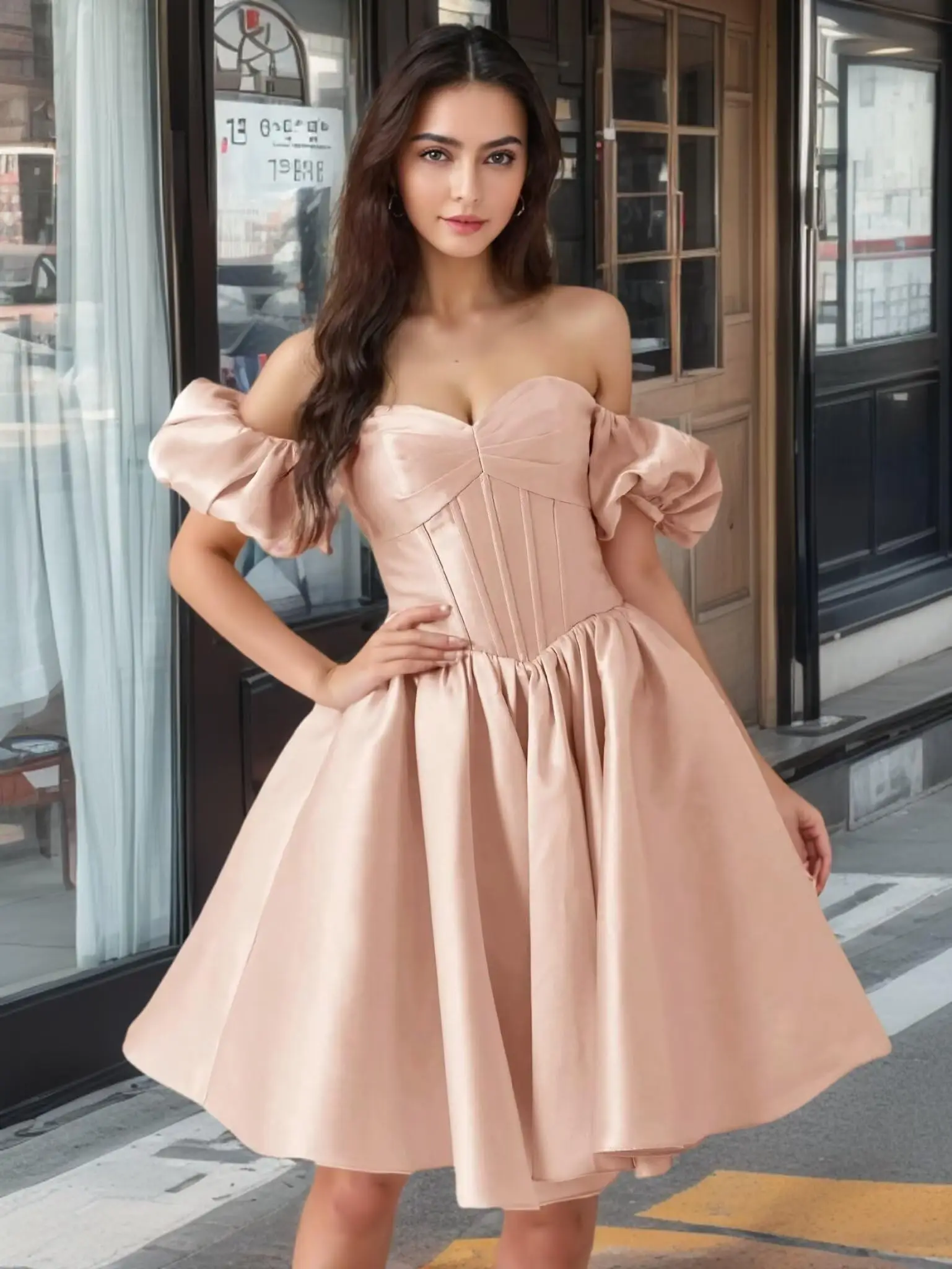 

Puffy Sleeve Satin Homecoming Dress Short Off Shoulder Prom Dress V Neck Formal Party Gown for Women