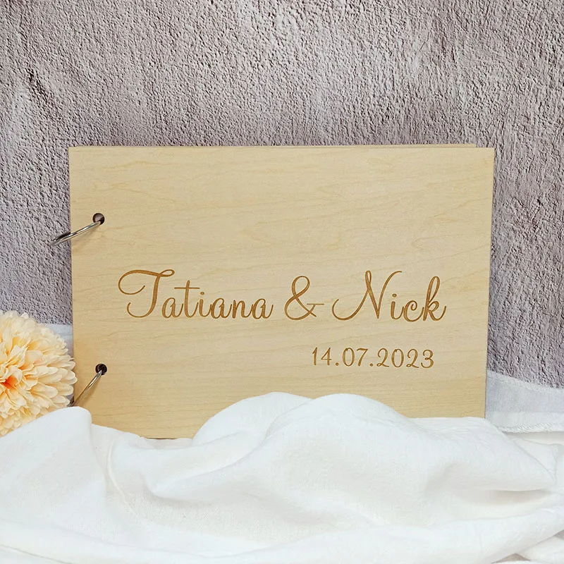 Custom Laser Engraved Name Date for Bridal Wedding Guest Boook A4 A5 Wooden Signature Book Elegant Horizontal Keepsake Book