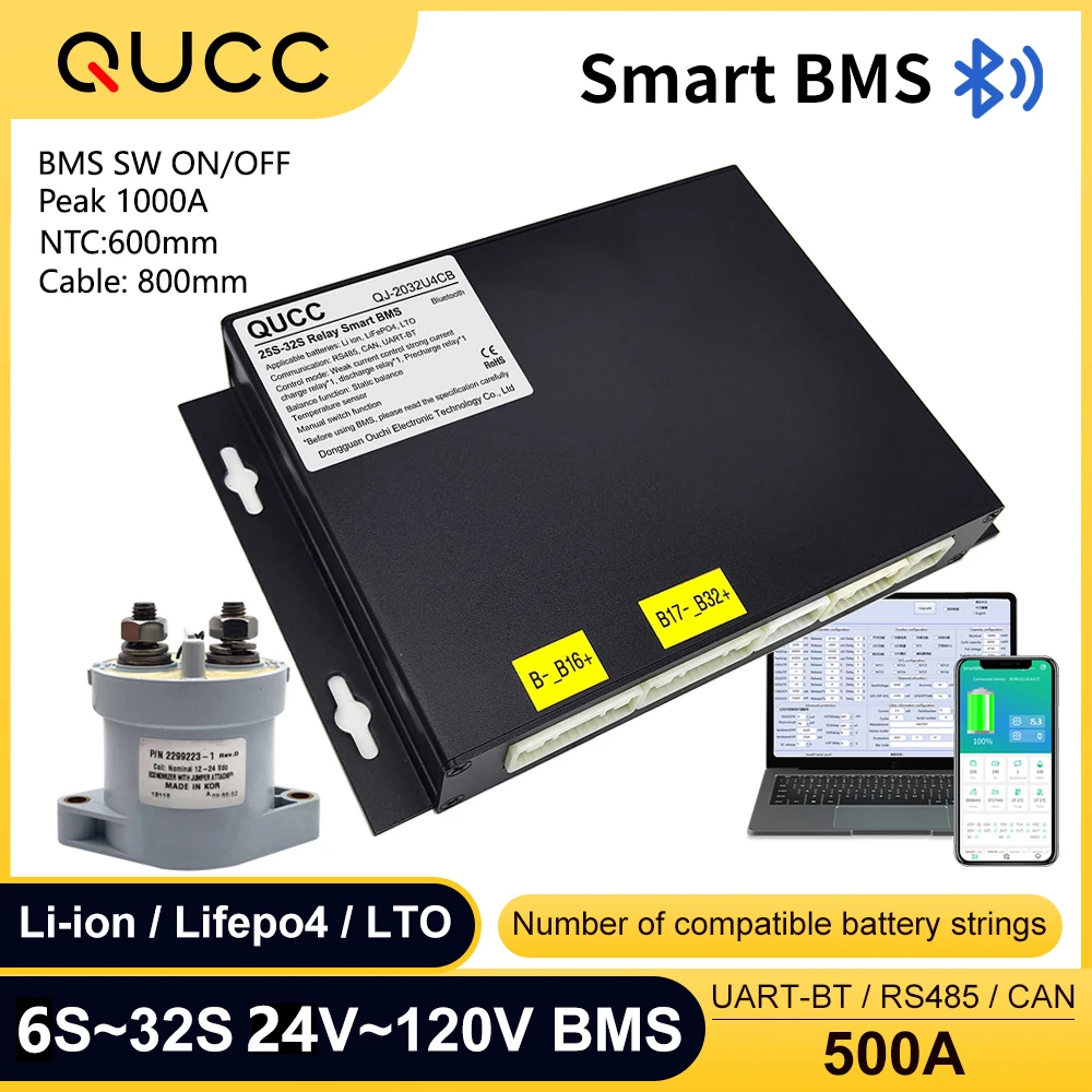 QUCC BMS 200A 300A 400A 500A 6S 7S 8S 10S 13S 14S 16S 20S 24S 30S 32S Smart Bms Balance Lto Lipo Lifepo4 48V 36V 24V 60V 72V 96V