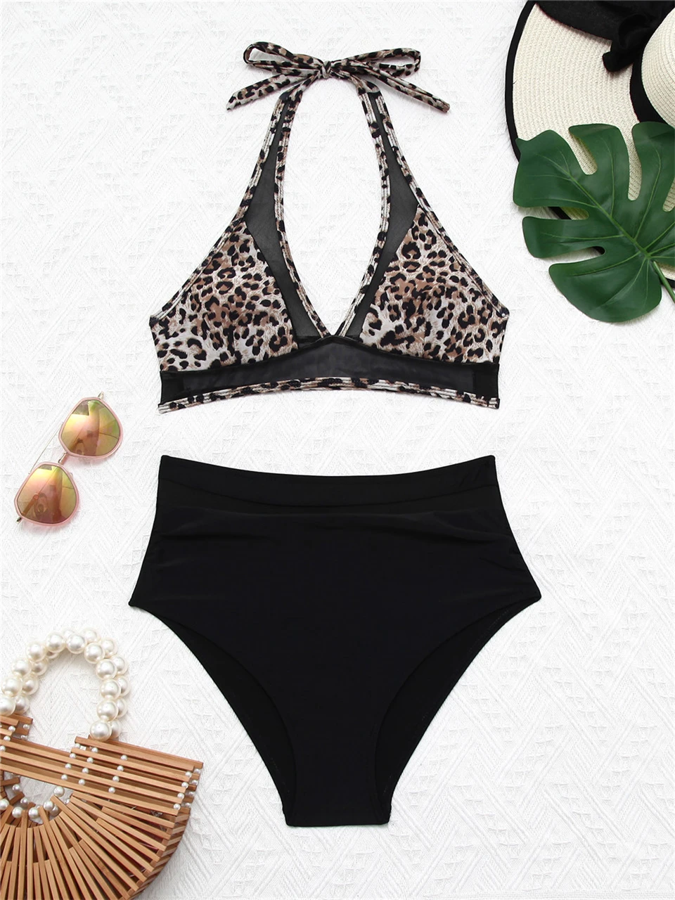 2026 Sexy High Wasited Swimsuit Women Solid Black Bikini Mesh Leopard Swimwear Female Bathers Bathing Swimming Suit Beachwear