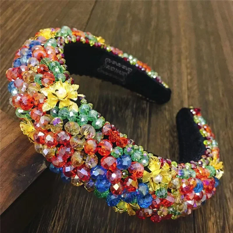 

Luxury Women Baroque Headband Full Crystal Head Bands Gold Flower Sparkly Padded Rhinestones Hairbands Hair Accessories QH27