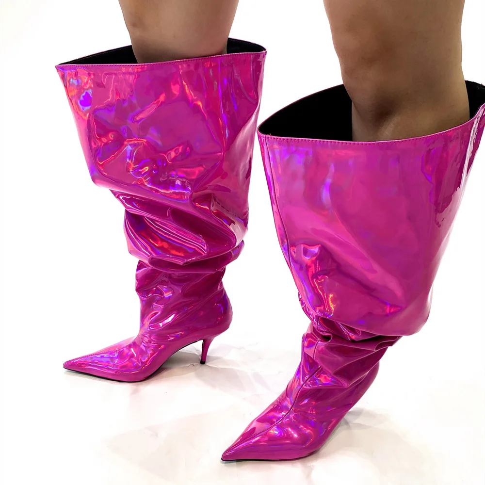 

Women's Slouchy Over The Knee Boots Pointed Toe Heel Shiny Patent Leather Fashion Statement Boots Party