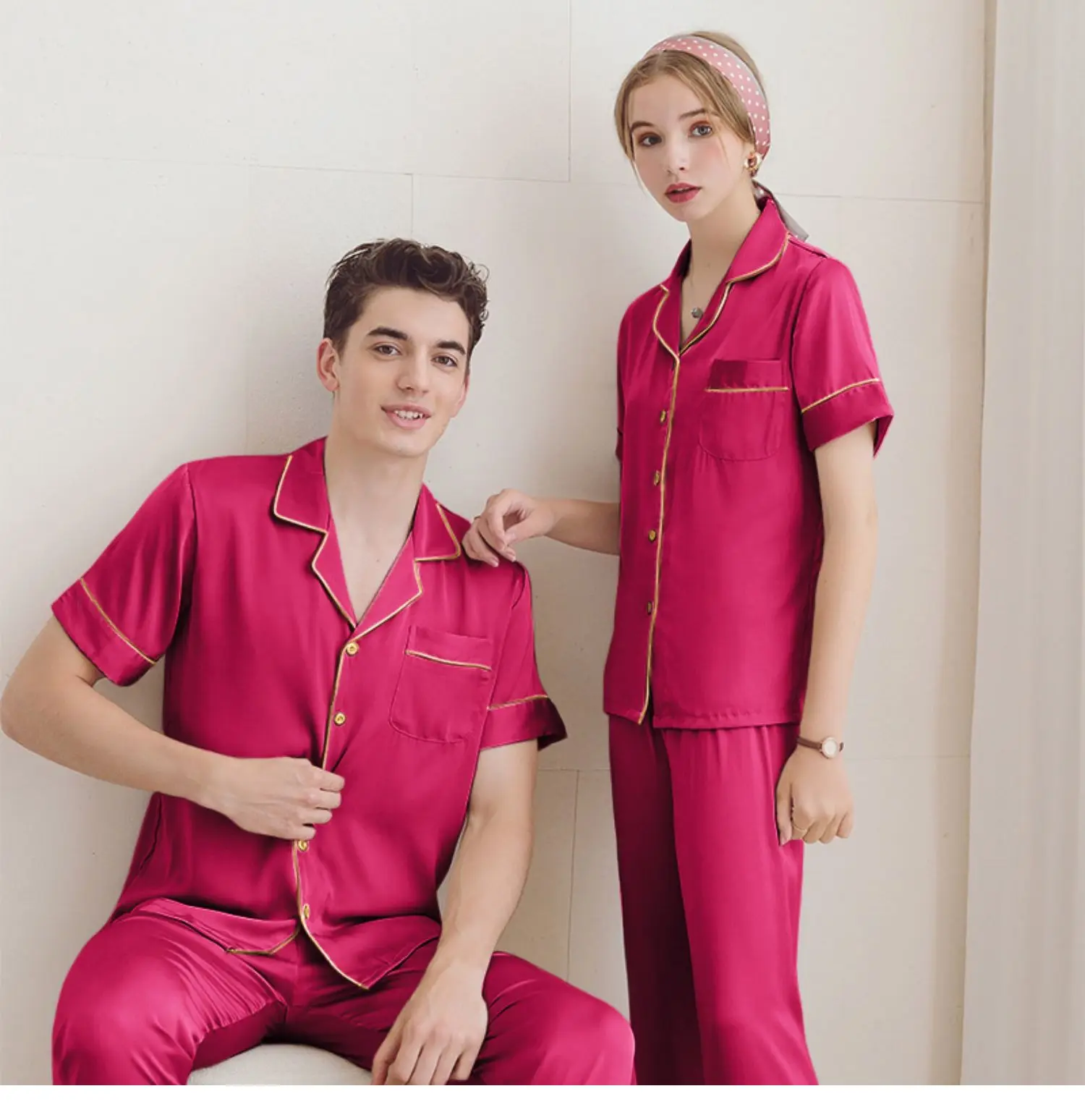 

New Pajama Couple Set High Quality 100% Mulberry Silk Short Sleeve Home Clothes