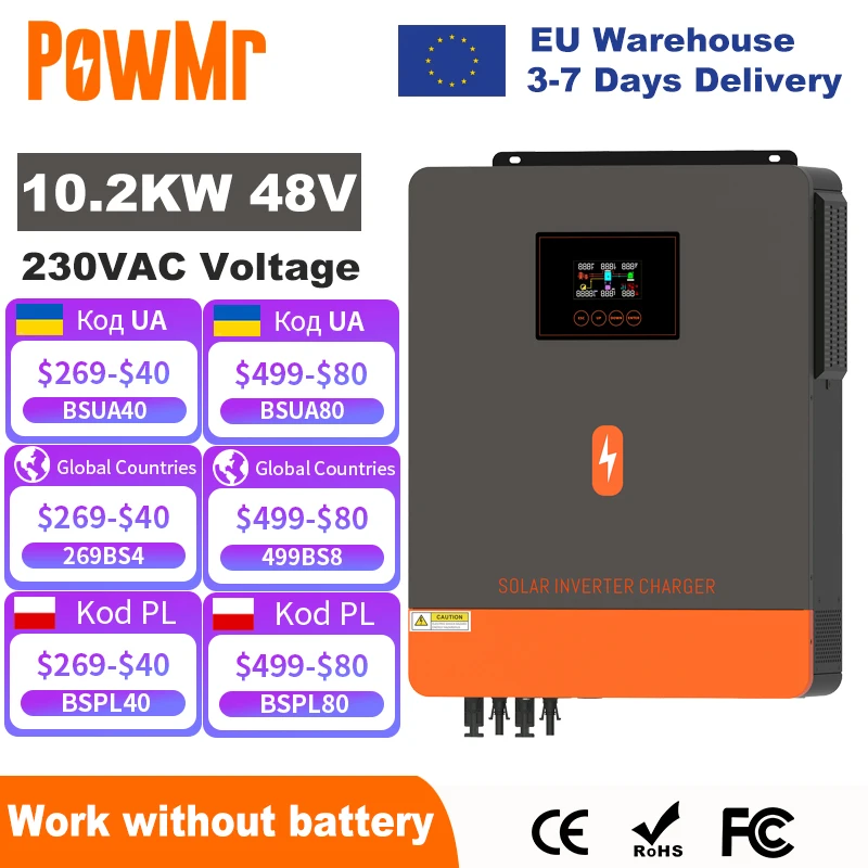 

EU Stock PowMr 10.2KW Hybrid Solar Inverter 48V 230V On Grid Off Grid Pure Sine Wave Inverter MPPT 160A Solar Battery Charger