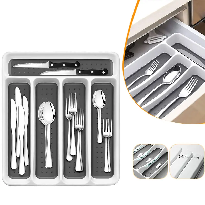 5-Compartment Plastic Flatware Tableware Silverware Drawer Organizer Utensil Organizer with Non-slip Linings Kitchen Organizer