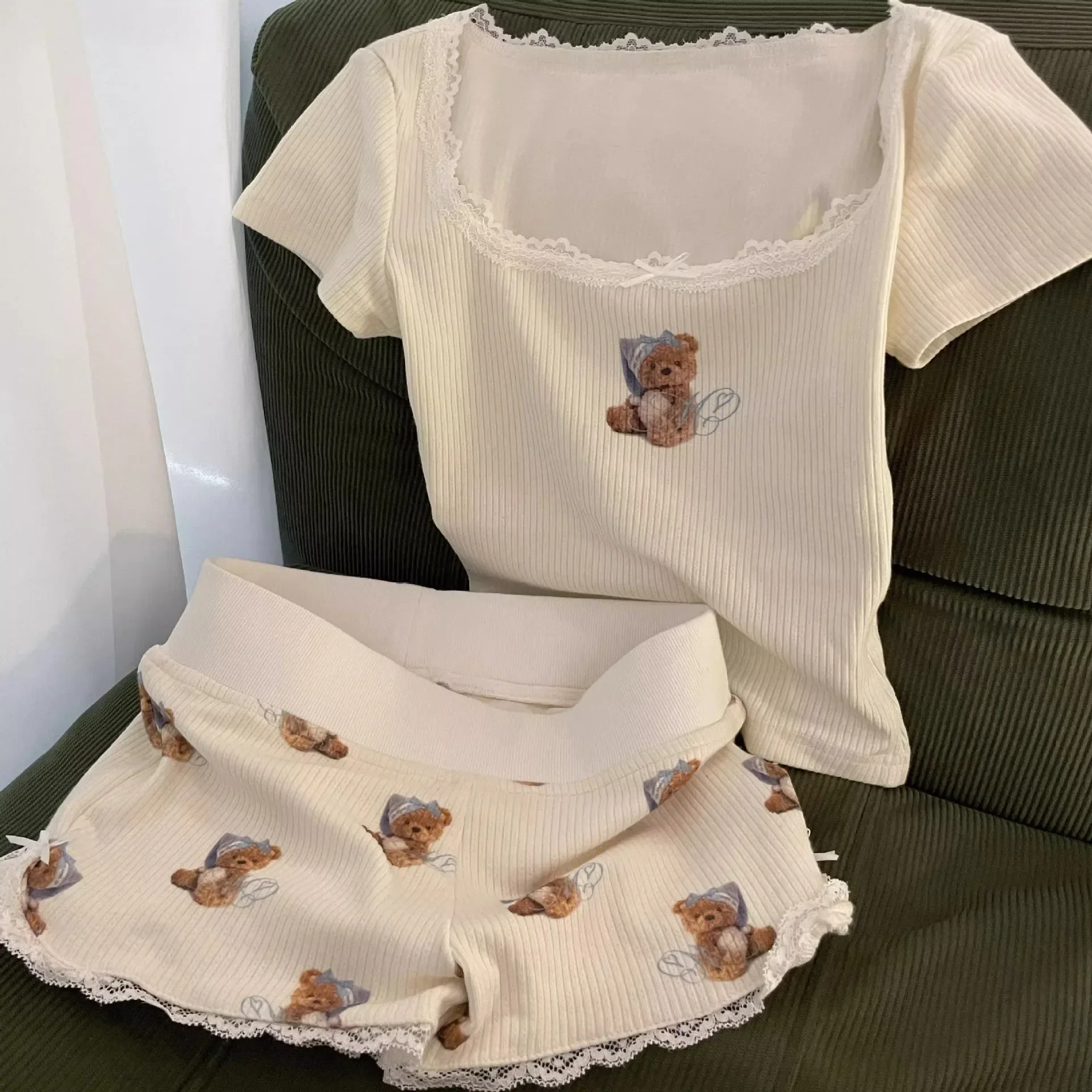 لطيف الكرتون الدانتيل فراشة عقدة ملابس خاصة المرأة رقيقة الصيف المنزل السراويل يمكن ارتداؤها خارج السراويل القصيرة