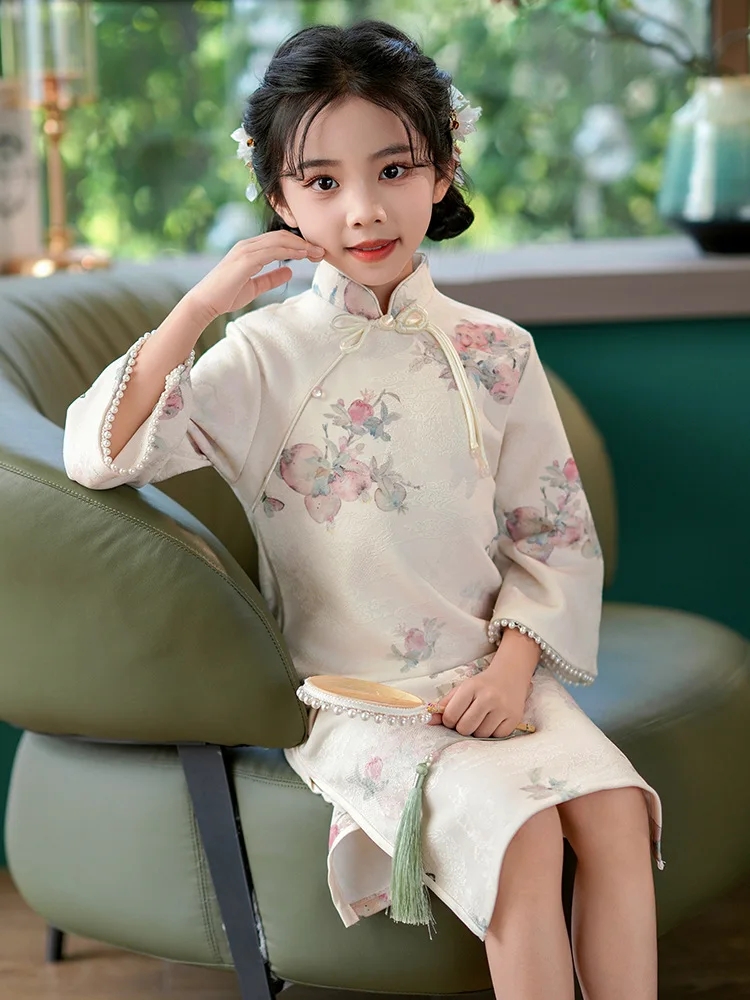 Autumn And Winter Girls' New Chinese Ink Painting Cheongsam Dress Performance Festival Travel Style Dress Thickening Fashion