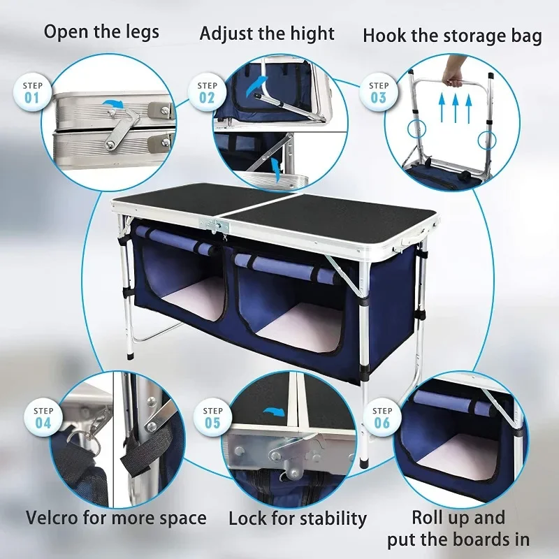 Folding Camping Storage Compartment Aluminum Lightweight Camp Kitchen Table Backyard Height Adjustable