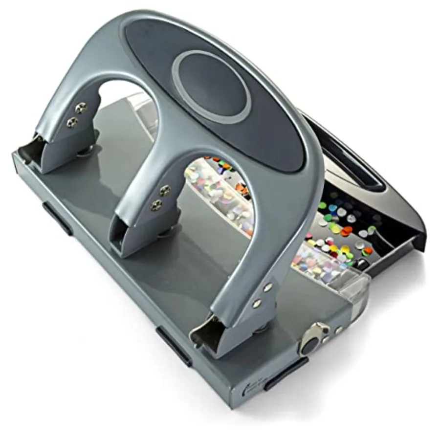 

Officemate Deluxe 3-Hole Punch, Heavy Duty, with Chip Drawer, 45 Sheet Capacity 90100,Silver/Navy