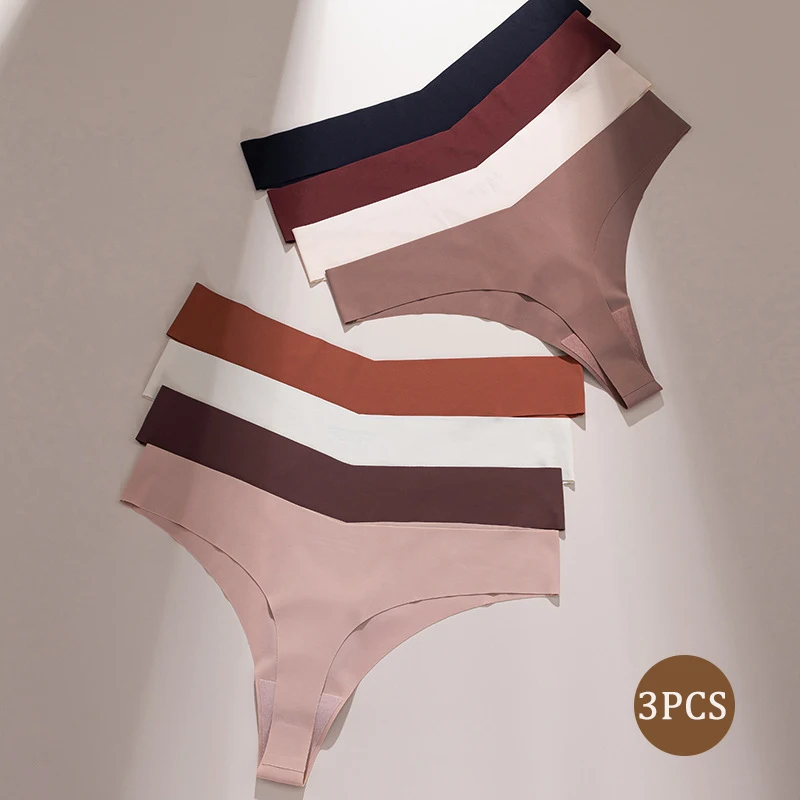 

3PCS Women's Ice Silk Panties Sexy Comfortable Breathable V-shaped Low Waist Cotton Crotch Thongs