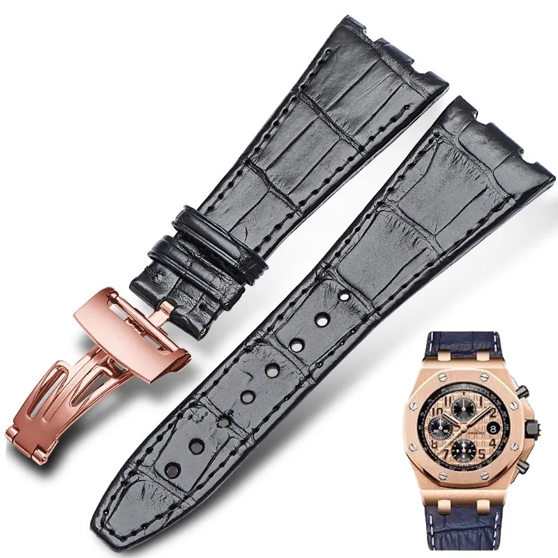 حزام ساعة من الجلد الطبيعي بطبقة علوية لسلسلة AP Audemars 15400 15703 Royal Oak Offshore للرجال 26 مللي متر أشرطة ساعة باللون الأسود والبني