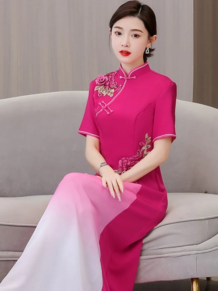 

Short Sleeve Slim Fit Mesh Patchwork Dress with Mandarin Collar – Elegant Performance Costume for Classical Dance Stage Shows