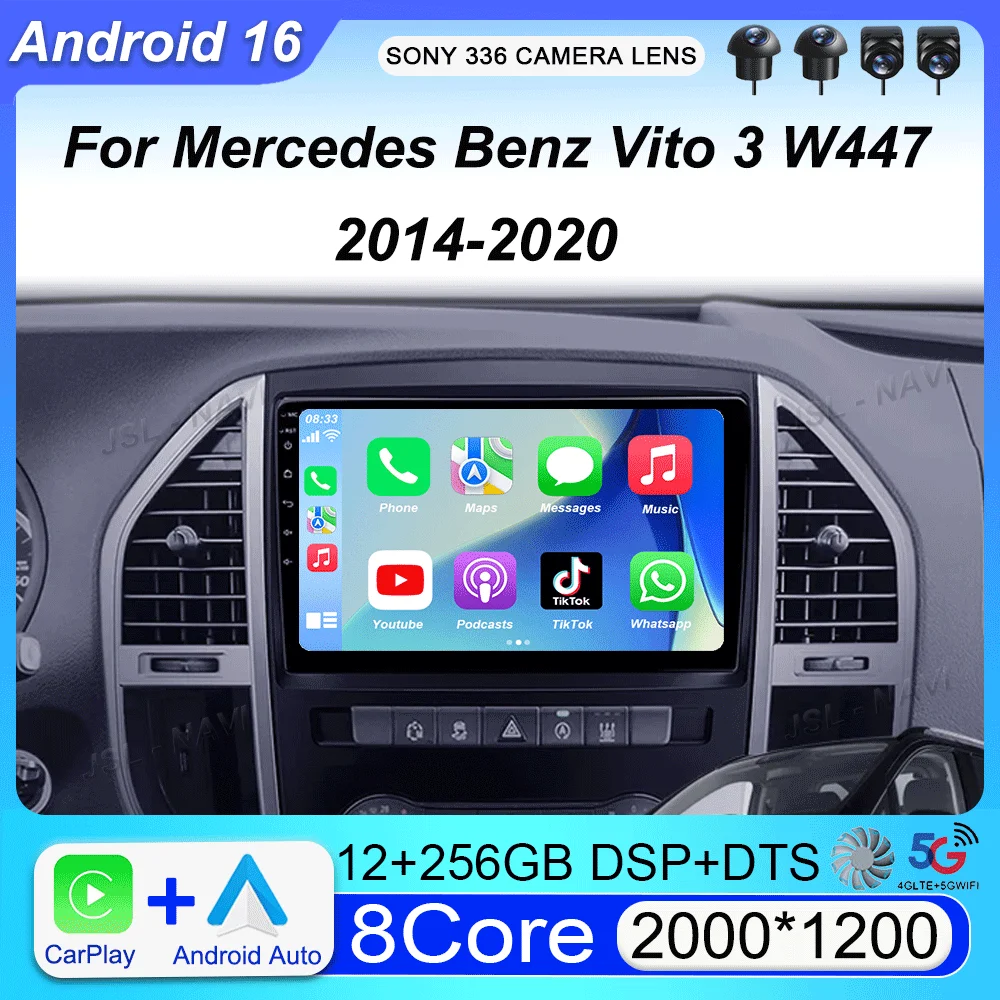 Carplay Auto para Mercedes Benz Vito 3 W447 2014 2015 2016 2017 2018 2019 2020 Android 16 Reproductor de Radio Multimedia para Auto WIFI Estéreo