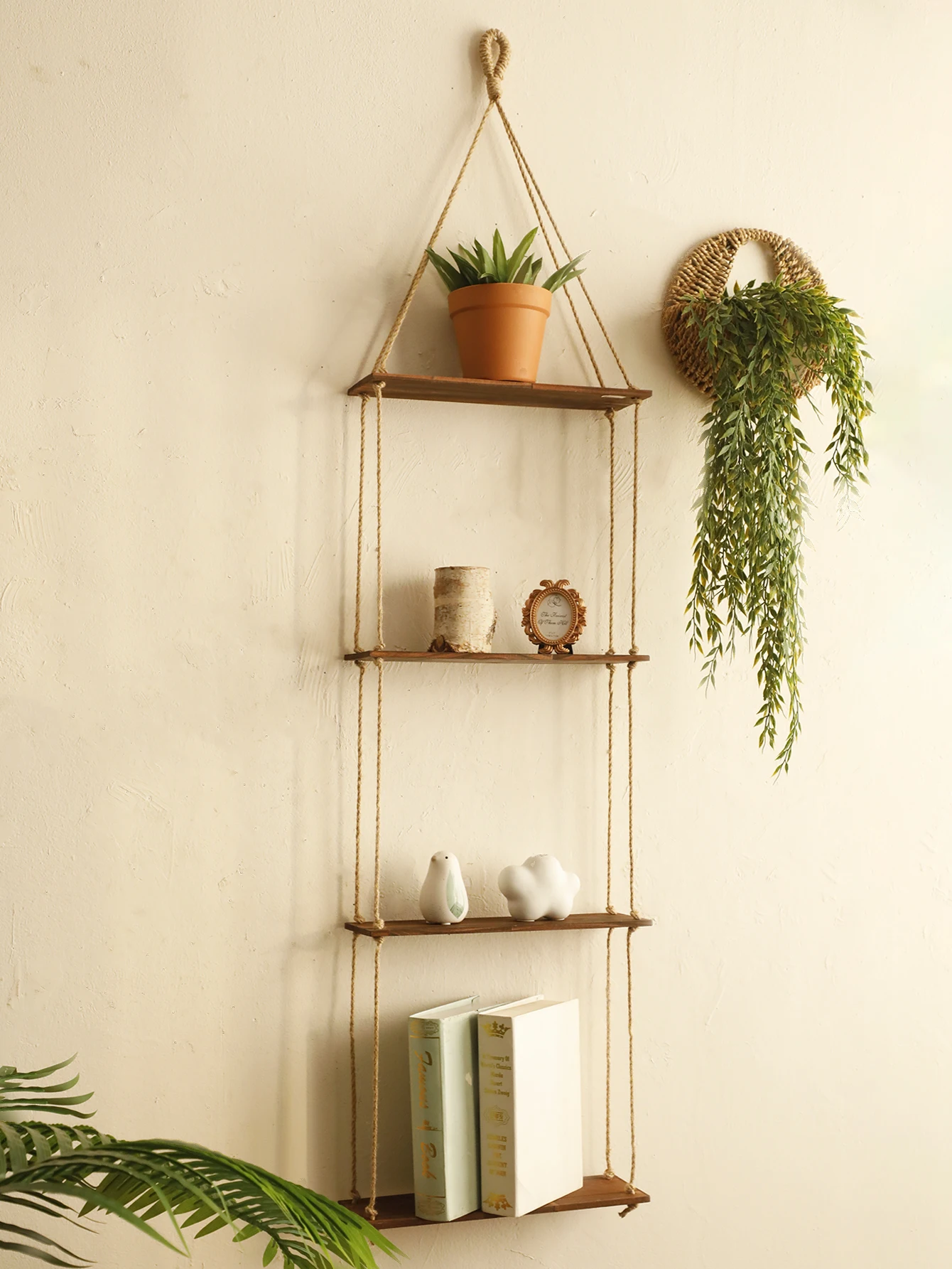 Charcoal Color 4 Layer Wooden Shelves Floating Wall Shelf Flower Pot Rack Display Stand for Boho Bedroom Home Decoration Gift