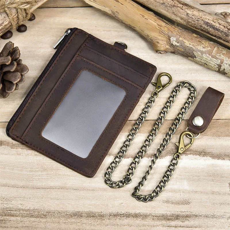 محفظة نقود معدنية متعددة الوظائف من جلد كريزي هورس، جيب للعملات المعدنية، متعددة المشبك، سلسلة معلقة، محفظة رفيعة للأمن