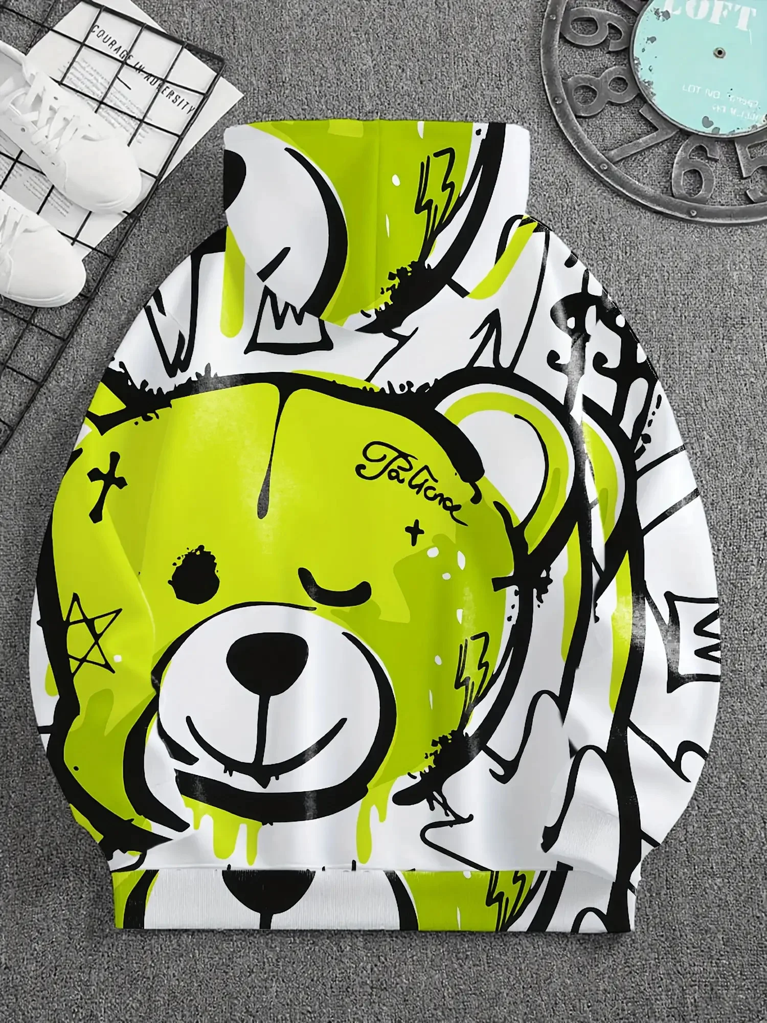 Men All Over 3D Print Hoodie Neon Green Graffiti Bear Drip Ink Splash Graphic Drawstring Oversized Street Pullover Sweatshirt