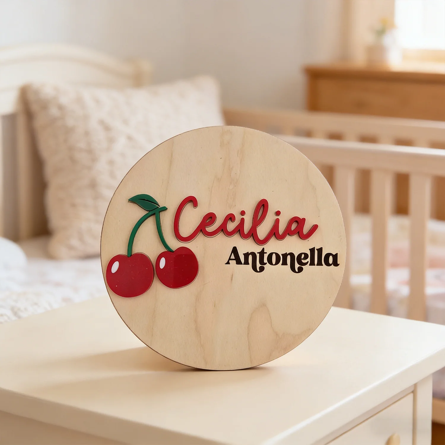 1pc Custom  Wooden Dual Name Sign with Cherry Ornament Personalized Tabletop Wall Home Decor Plaque
