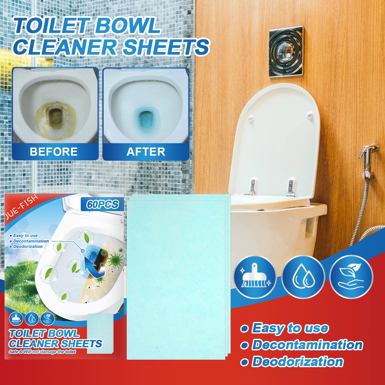 Jue-Fish 60 Stück Toilettenreinigungstabletten, leistungsstarker Geruchsbeseitiger, Skalaentferner, Urinfleckenreiniger, umweltfreundlich, professionell