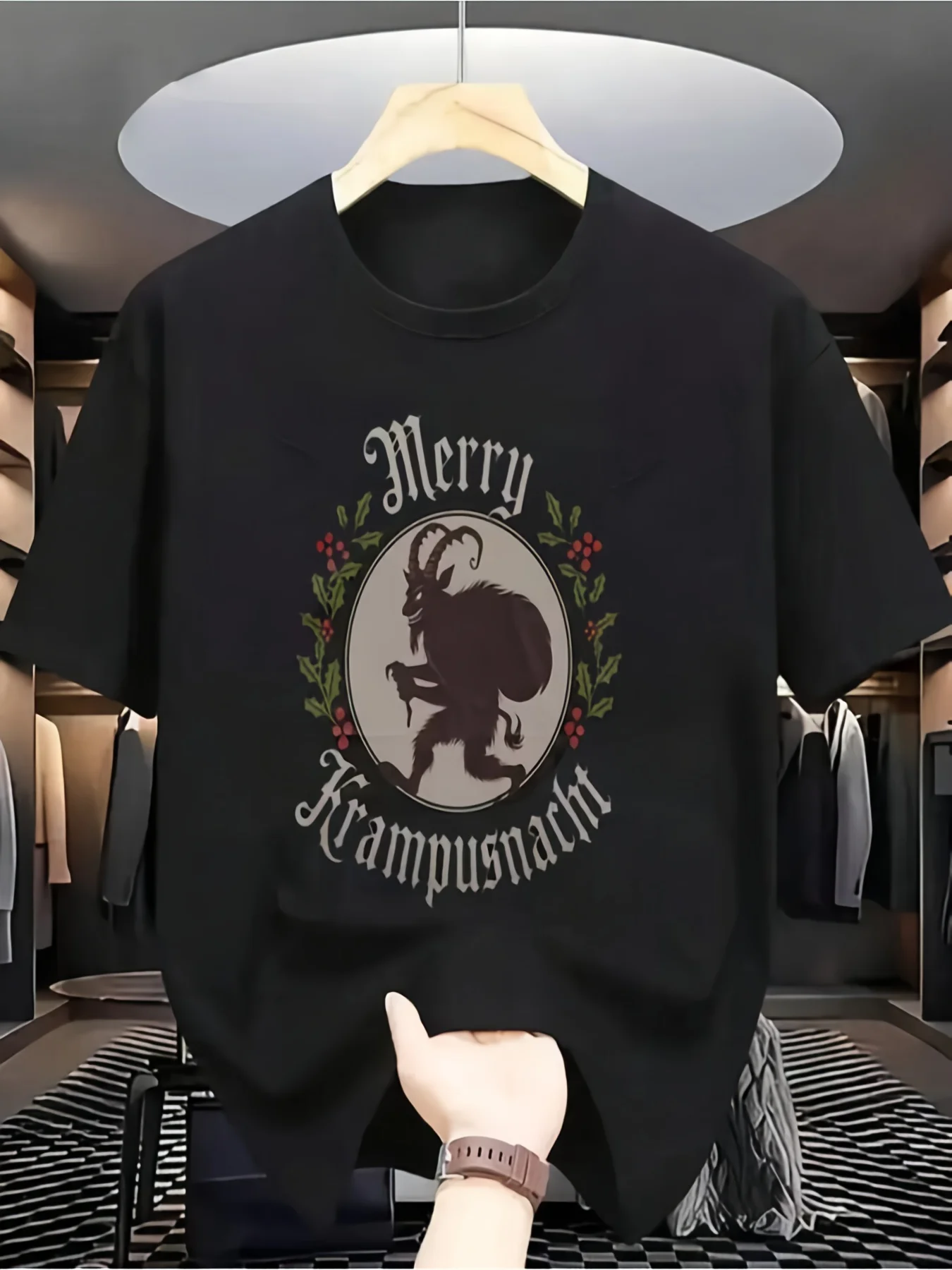 Casual Daily T Shirt Merry Krampusnacht Krampus Silhouette Surrounded By Holly Berry Holiday Tee