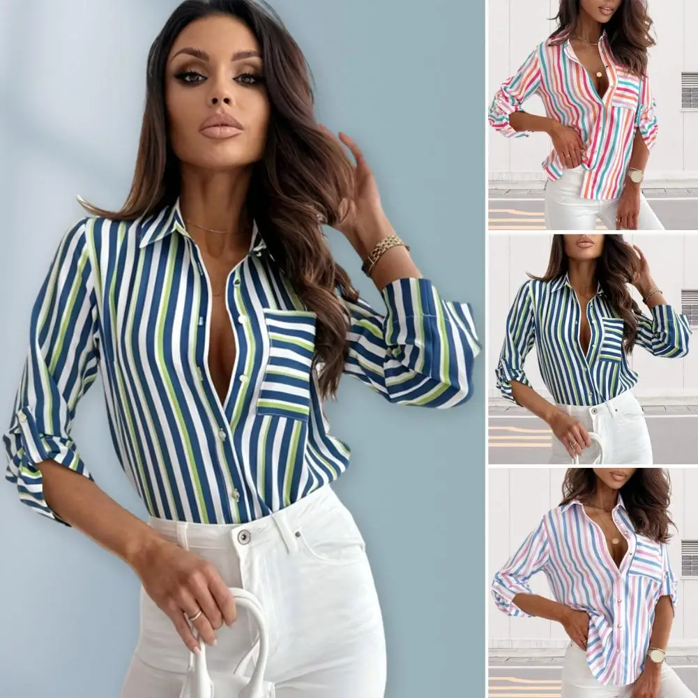 Breathable Women Blouse Ladies Long Sleeve Shirt Chic Striped Print Lapel Shirt for Women Slim Fit Long Sleeve Workwear