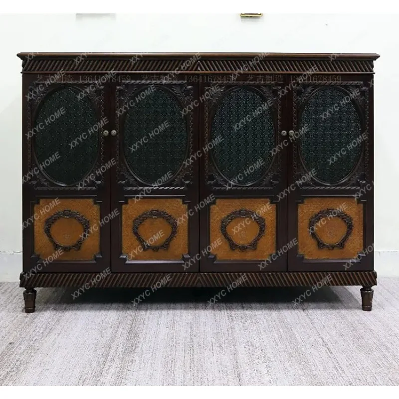 XX classic retro colored begonia glass rattan carved dining side cabinet