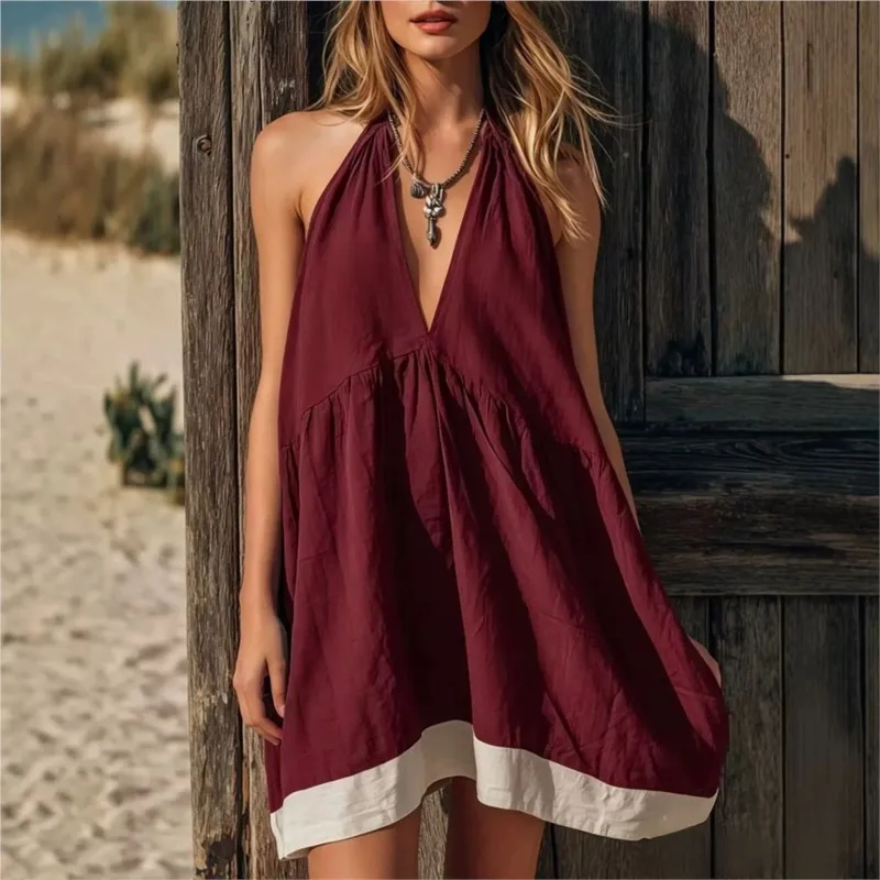 Summer Sexy Deep V-neck Backless Women's Dress Fashion Color Blocking Hanging Neck Design Loose Dresses Ladies Vacation Vestidos