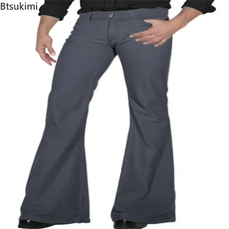 2025 Fashion Men's Vintage Disco Flared Pants Solid Stretch Slim Fit Trousers Hippie Style Casual Wide Leg Pants Male Streetwear